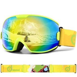 Odoland Gafas de Esquí para Niños de 8-16 años, Gafas de Snowboard para Niños y Niñas con Protección UV400 y Antiniebla, Lente de Doble Capa y Diseño OTG, Amarillo y Dorado VLT13%